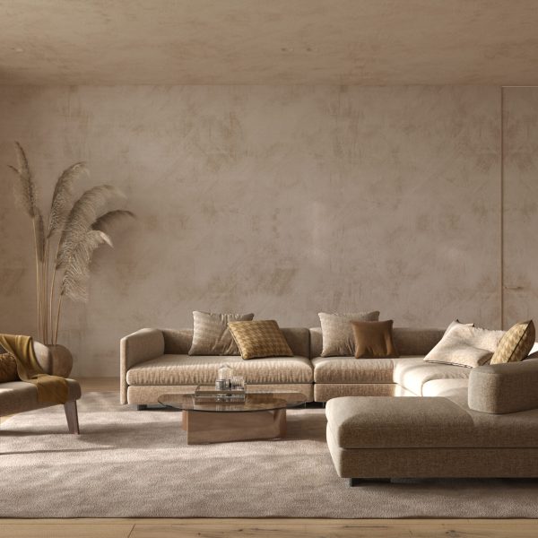 Modern interior japandi style design livingroom. Lighting and sunny scandinavian apartment with plaster and wood. 3d rendering illustration.